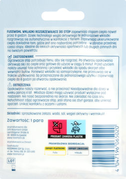 Tył opakowania Fusswohl wkładek rozgrzewających do stóp z polskim opisem, instrukcjami, składem i kodem kreskowym.