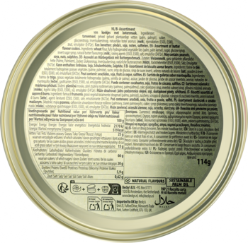 Widok z góry na okrągłe wieczko opakowania produktu z tekstem, logo Halal i masą 114g. Widoczne informacje o oleju palmowym.