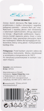 Tył opakowania zestawu obcinaczy Ewa Schmitt Pro Care, z opisem produktu, kodem kreskowym i symbolami ostrzegawczymi.