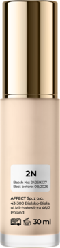 Tył beżowej butelki wygładzającego podkładu Affect Ideal Blur 2N, złota nakrętka, 30 ml, data ważności.