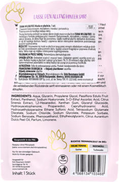 Tył różowej maski w płachcie Isana Wild & Free z kwasem hialuronowym i marakui, ze składnikami i recyklingiem.