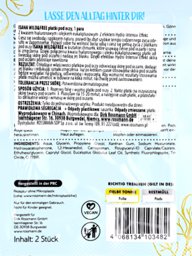 Tył opakowania Isana Wild & Free z hydrożelowymi płatkami pod oczy, instrukcje, skład, logo Vegan.