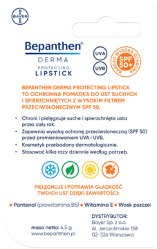 Tył białego opakowania pomadki Bepanthen Derma Protecting Lipstick SPF 50, z ikonami UVA/UVB i polskim opisem.