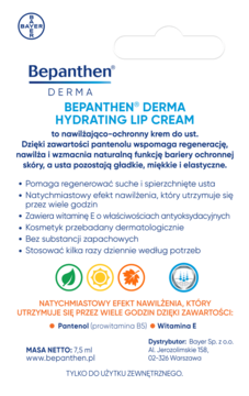 Tył opakowania Bepanthen Derma Hydrating Lip Cream 7.5 ml. Biało-niebieskie, opis korzyści i składników.