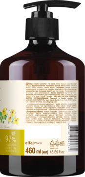 Tył brązowej butelki mydła Green Pharmacy 460ml, etykieta z 97% naturalnym składem i kwiatami.