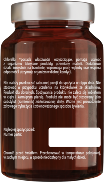 Tylna strona brązowej butelki Chlorelli z etykietą, zawierającą polskie informacje o produkcie i dawkowaniu.