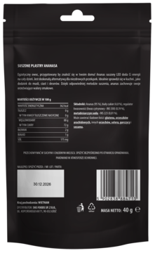 Tył czarnej torebki LEO Ananas suszony, widoczne wartości odżywcze, skład, masa netto 40g i kod EAN.