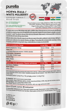 Tył białego opakowania Purella White Mulberry suszone owoce 145g, widoczna tabela wartości odżywczych.