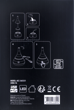 Tył czarnego opakowania lampy USB LED. Zawiera 5-etapową instrukcję montażu, dane techniczne, oznaczenia USB i CE.