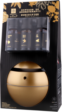 Zestaw Aroma Bogito: złoty dyfuzor do aromaterapii i trzy olejki, w eleganckim czarno-złotym pudełku.