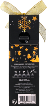 Tył czarnego opakowania dyfuzora zapachowego 50 ml z motywem złotej gwiazdy i kokardą, świąteczny design.