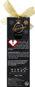 Czarne, świąteczne opakowanie dyfuzora zapachowego 50ml z złotą kokardą i napisem "Merry Christmas", widok z tyłu.