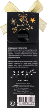 Tył czarnego opakowania dyfuzora zapachowego 50ml z nadrukiem renifera i danymi produktu.