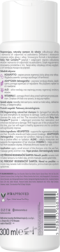 Tył butelki BeBio Regenerating Naturalny Szampon, opis składu (Baby Hair Complex) i kod kreskowy.