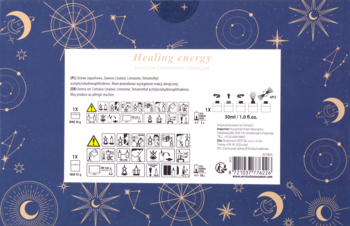 Tył granatowego opakowania zestawu Eloy dyfuzor zapachowy 'Healing energy' ze złotymi gwiazdami.