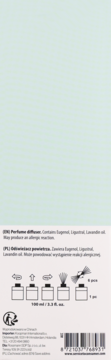 Tył opakowania dyfuzora zapachowego 100ml, z ostrzeżeniem o alergenach i piktogramami instrukcji użytkowania. Widoczny kod kreskowy.