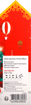 Tył opakowania dyfuzora zapachowego Red Fruits, czerwone pudełko świąteczne z balonami, widoczne instrukcje i kod.