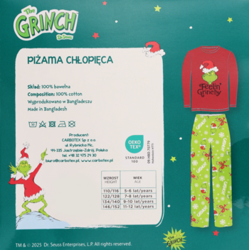 Bawełniana piżama chłopięca Grinch. Czerwona bluzka z postacią, zielone spodnie w śnieżynki i głowy Grincha. Zestaw, widok z przodu.