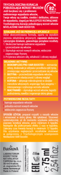 Tył opakowania Nivelazione Hair Booster 75ml, czerwono-pomarańczowa kuracja na porost włosów, z opisem i składem.