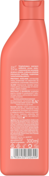 Tył koralowej butelki szamponu Neboa Lenght & Shine z białymi napisami, kodem kreskowym i ikonami recyklingu.