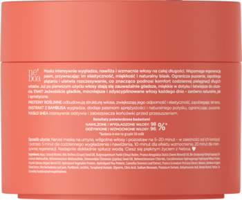 Tył koralowego opakowania maski Neboa Lenght & Shine. Widoczny biały tekst: opis, skład i instrukcje.