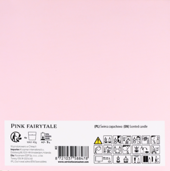 Tył opakowania różowej świecy zapachowej PINK FAIRYTALE z kodem kreskowym i ikonami ostrzegawczymi.