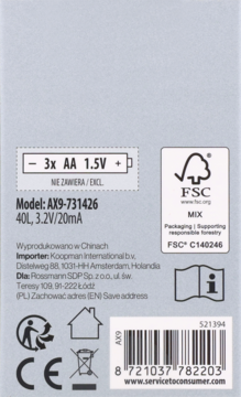 Tył opakowania produktu Rossmann, widoczne specyfikacje: baterie 3x AA 1.5V, model AX9-731426, kody i certyfikaty.