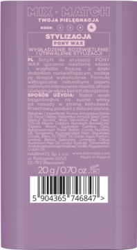 Fioletowy wosk Hairmate Pony Wax w sztyfcie, tył z opisem: wygładzenie, rozświetlenie i utrwalenie stylizacji, 20g.