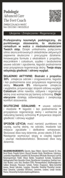 Czarno-biała etykieta maści Podologic Advanced Care na odciski, z opisem składu i działania produktu.