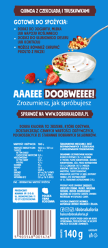 Tył niebieskiego opakowania Dobra Kaloria Quinoa, Truskawki & Czekolada z tabelą wartości odżywczych i kodem kreskowym.