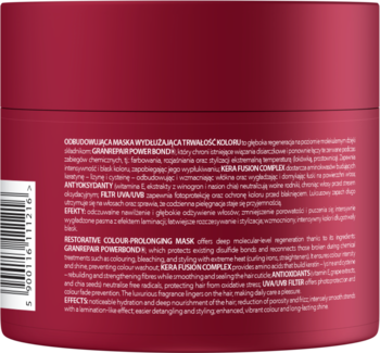 Tył ciemnoczerwonej maski Biovax Colormination Bond-Therapy do regeneracji i ochrony koloru, z białym tekstem.