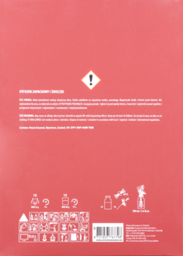 Tył czerwonego opakowania dyfuzora zapachowego, z symbolem ostrzegawczym, tekstem i ikonami utylizacji.