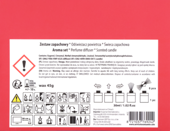 Tył białego opakowania zestawu zapachowego z ostrzeżeniami, ikonami i instrukcjami, na jasnoczerwonym tle.