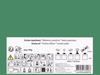 Tył etykiety zestawu zapachowego z dyfuzorem i świecą, biała nalepka na zielonym tle, widoczne symbole ostrzegawcze i barcode.