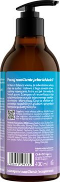 Tył brązowej butelki nawilżającego szamponu Hair In Balance, z niebieską etykietą, składem i 400 ml.
