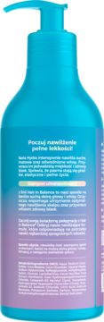 Tył niebieskiej butelki nawilżającego szamponu OnlyBio Hair In Balance Hydra z pompką, widoczne składniki.