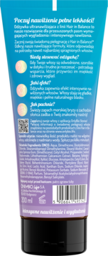 Tył fioletowo-niebieskiej tubki odżywki OnlyBio Hydra Hair In Balance 200ml, opis ultranawilżającej formuły.
