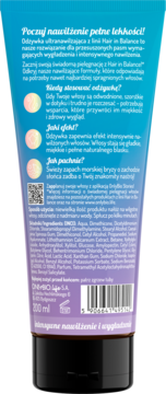 Tył niebiesko-fioletowej odżywki OnlyBio Hair In Balance 200 ml z listą składników i opisem działania.