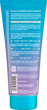 Tylna etykieta odżywki Hair In Balance OnlyBio Hydra 200 ml. Niebiesko-fioletowa tuba z polskim opisem i kodem QR.
