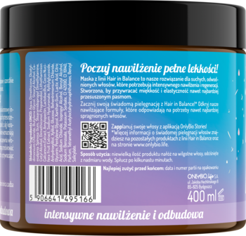 Tył brązowej maski OnlyBio Hair In Balance 400ml. Fioletowo-niebieska etykieta z tekstem o nawilżeniu i odbudowie.