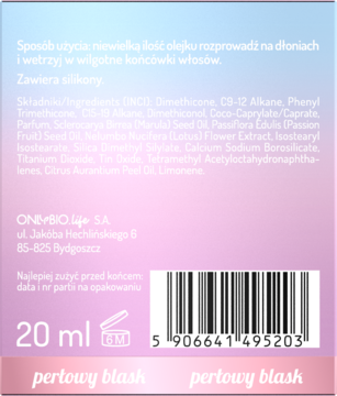 Tył opakowania olejku OnlyBio Hair In Balance perłowy blask 20ml ze składem, kodem kreskowym, informacją o silikonach.
