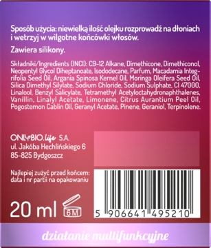 Tył opakowania regenerującego olejku OnlyBio Hair In Balance 10w1, z listą składników i tekstem „Zawiera silikony”.