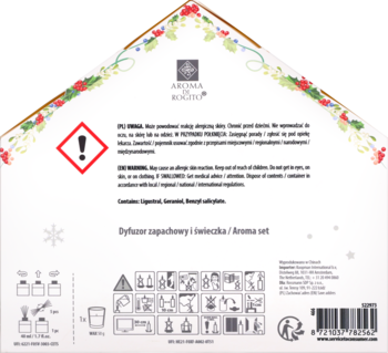 Tył białego opakowania zestawu Aroma w kształcie domku, z świąteczną girlandą, instrukcjami i ostrzeżeniami.