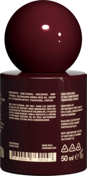 Tył ciemnoczerwonej butelki serum do włosów Heiki Heiki 50ml. Widoczne składniki (olej marula, witamina C), kod kreskowy.