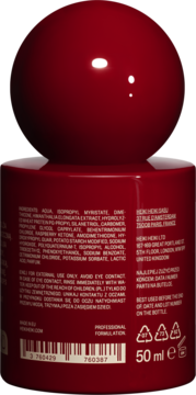 Tył czerwonej butelki Heiki Heiki serum do włosów z kulistą nakrętką, widocznym składem, kodem kreskowym i pojemnością 50 ml.