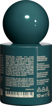 Tył ciemnoturkusowej butelki odżywczego serum Heiki Heiki 50 ml do skóry głowy, widoczne składniki.