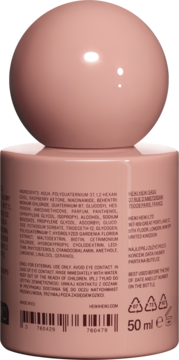 Tył różowego serum do włosów Heiki Heiki 50ml, widoczne składniki, kod kreskowy i informacja o pojemności.