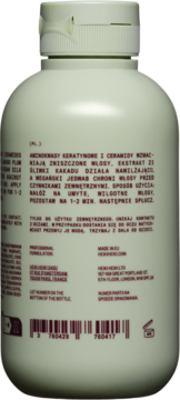 Tył jasnobeżowej butelki odżywki do włosów z ceramidami i śliwką kakadu, z polskim tekstem i kodem kreskowym.