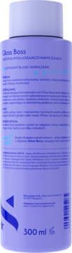 Tył fioletowej butelki odżywki Gloss Boss 300 ml. Wygładza i nawilża włosy. Widoczny opis i skład.