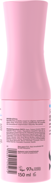 Tył różowej butelki kosmetyku ze szczegółową listą składników, kodem kreskowym i napisem "150 ml Vegan".
